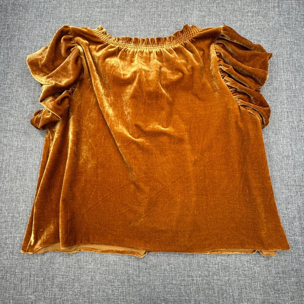 Free People Terese Velvet Top‎ Womens M Pumpkin Pie Puff Sleeve Tassel Tie Neck